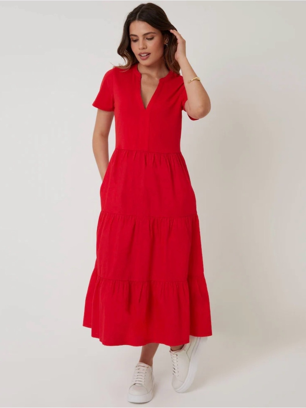 Bright Red Tiered V-Neck Women's Dress